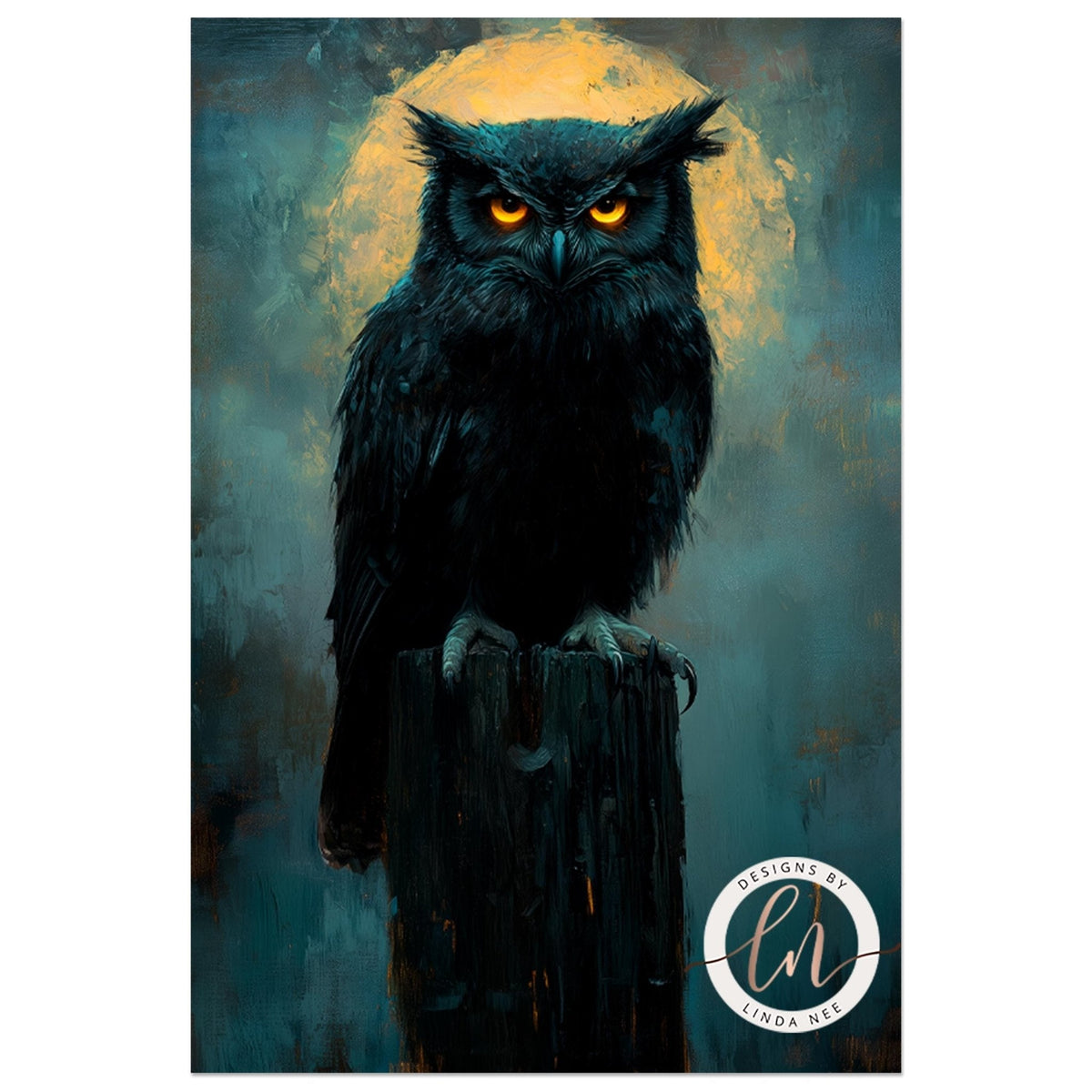 A black owl perched on a wooden post, with a yellow moon in the background.