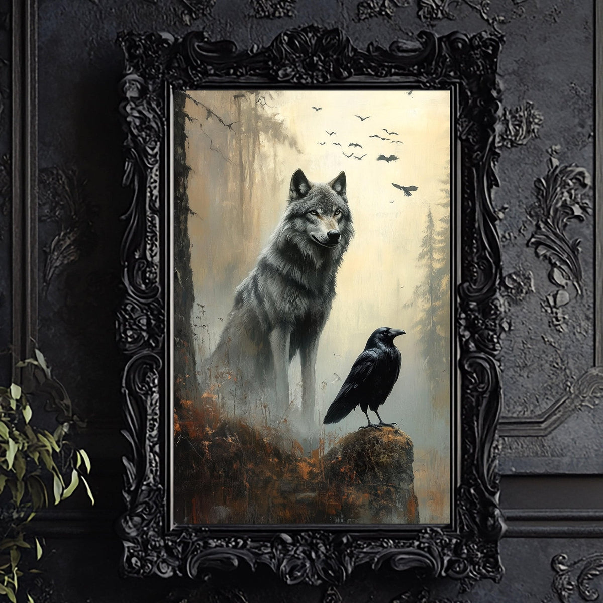 a gray wolf standing on a rock, with a black crow perched on a rock nearby. The wolf is positioned in the center of the frame, while the crow is on the right side. The background is a misty forest, creating a mysterious and eerie atmosphere.