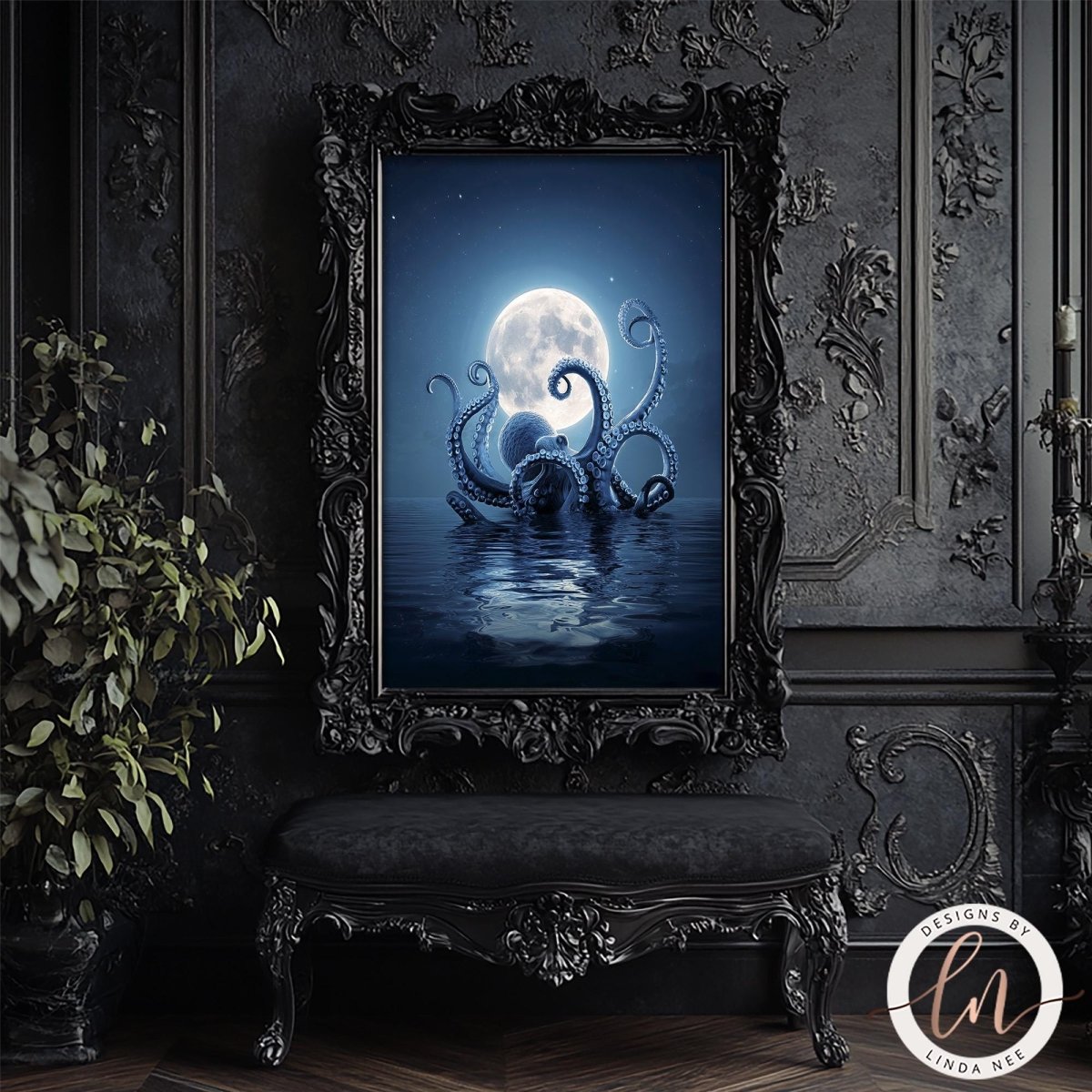 an ornate black frame with a painting of a large, ethereal octopus-like creature floating on a serene body of water, illuminated by a full moon.