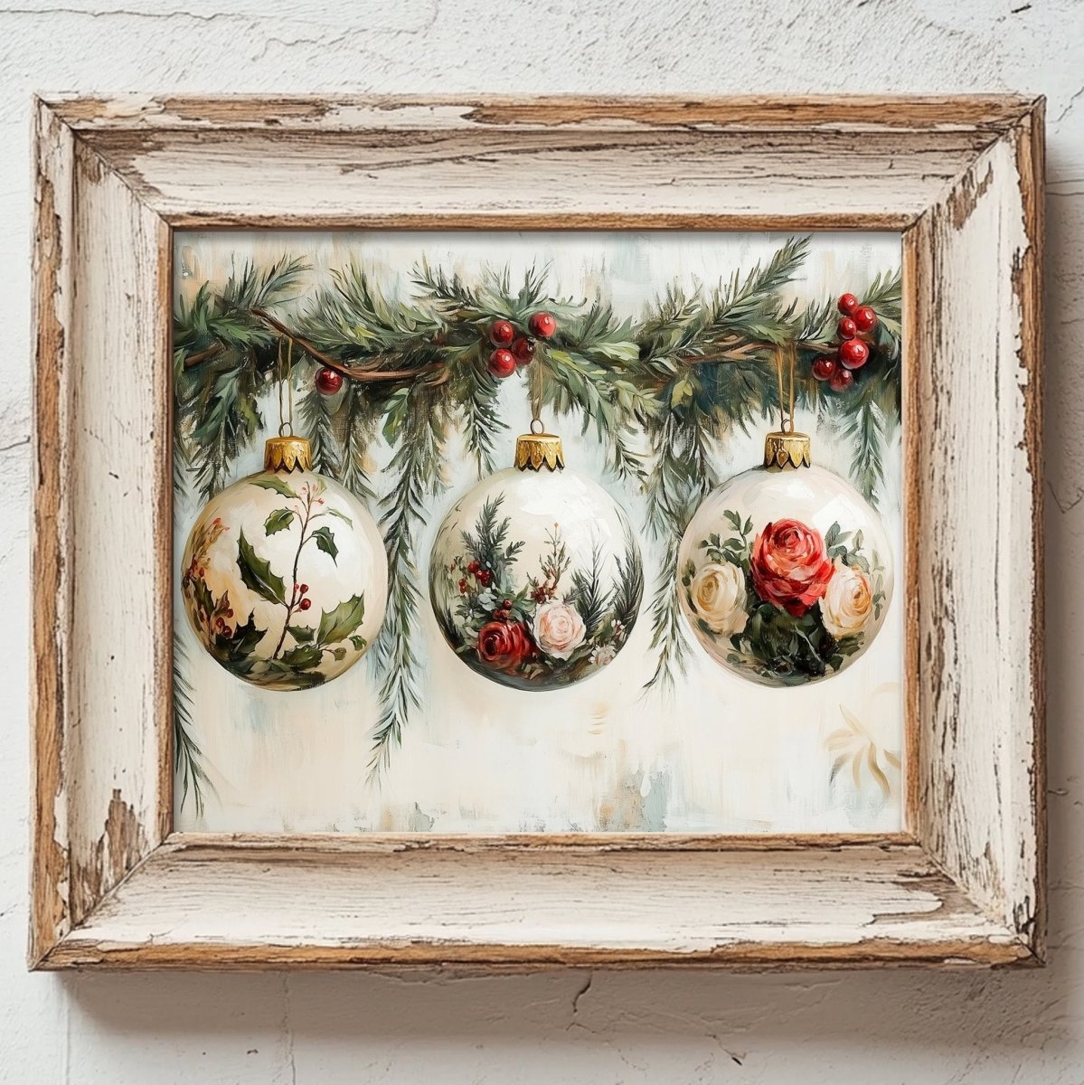 Three ornate glass ornaments with floral designs hanging from greenery