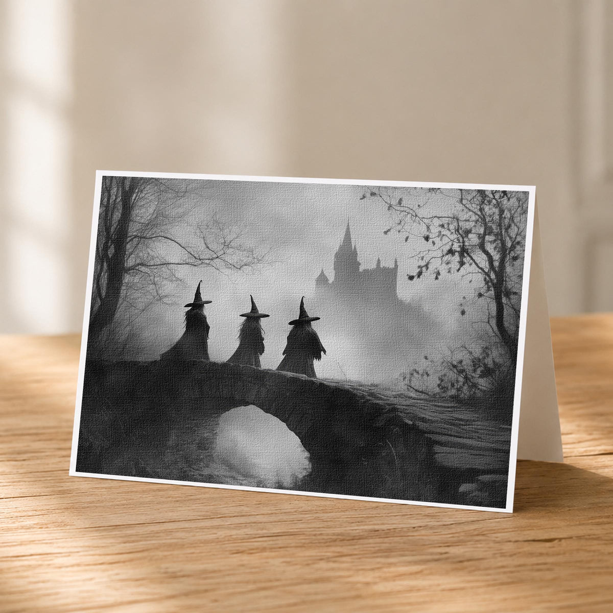 5x7 black and white three witches landscape note card on linen stock