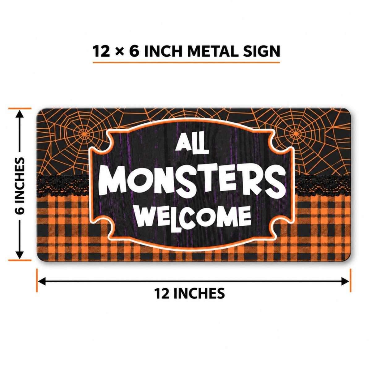 Plaid All Monsters Welcome sign size guide, 6 x 12 inches