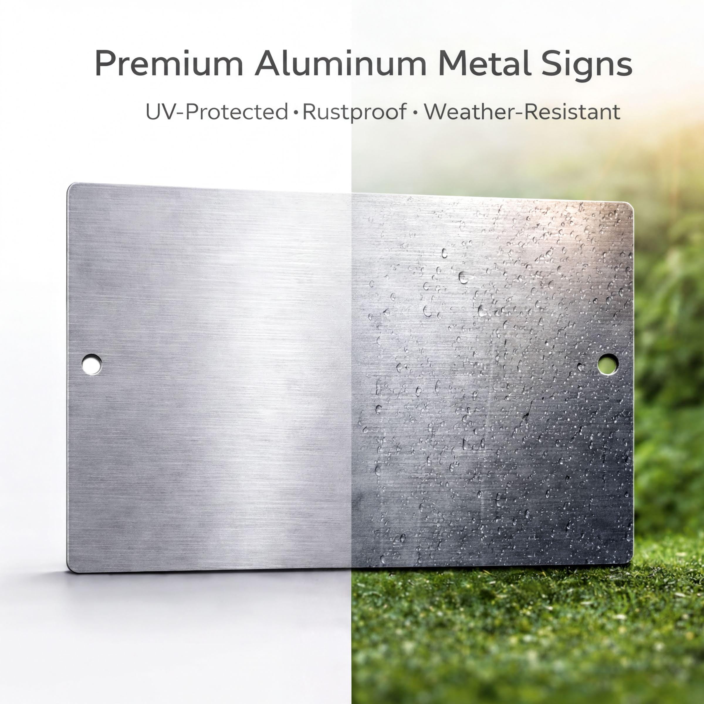 a metal sign with a textured surface, with one side appearing shiny and the other side appearing wet. The sign is placed on a grassy surface, and the background is blurred.