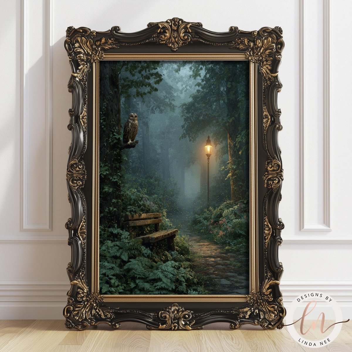 The image is a painting of a forest scene with a bench and an owl perched on a tree branch. The painting is framed in an ornate, gilded frame and is displayed on a white wall.