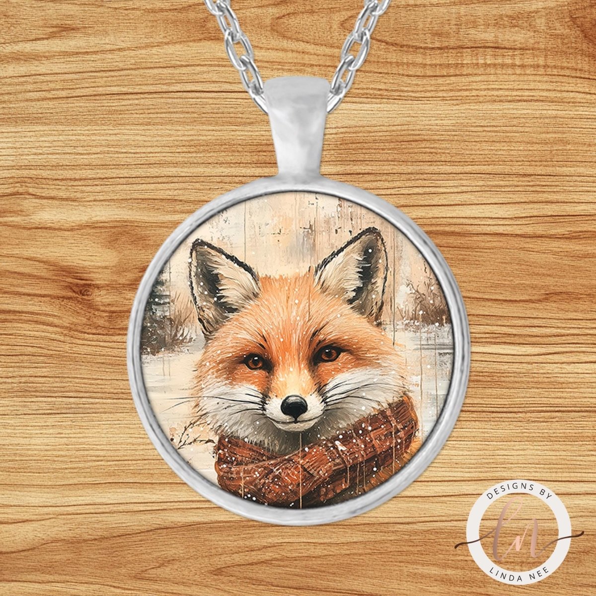 Winter Fox in Plaid Scarf Pendant Necklace