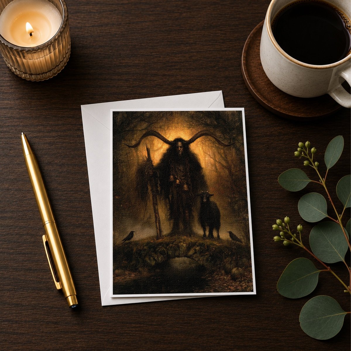 Krampus folklore note card styled with a candle and coffee cup on a wooden desk
