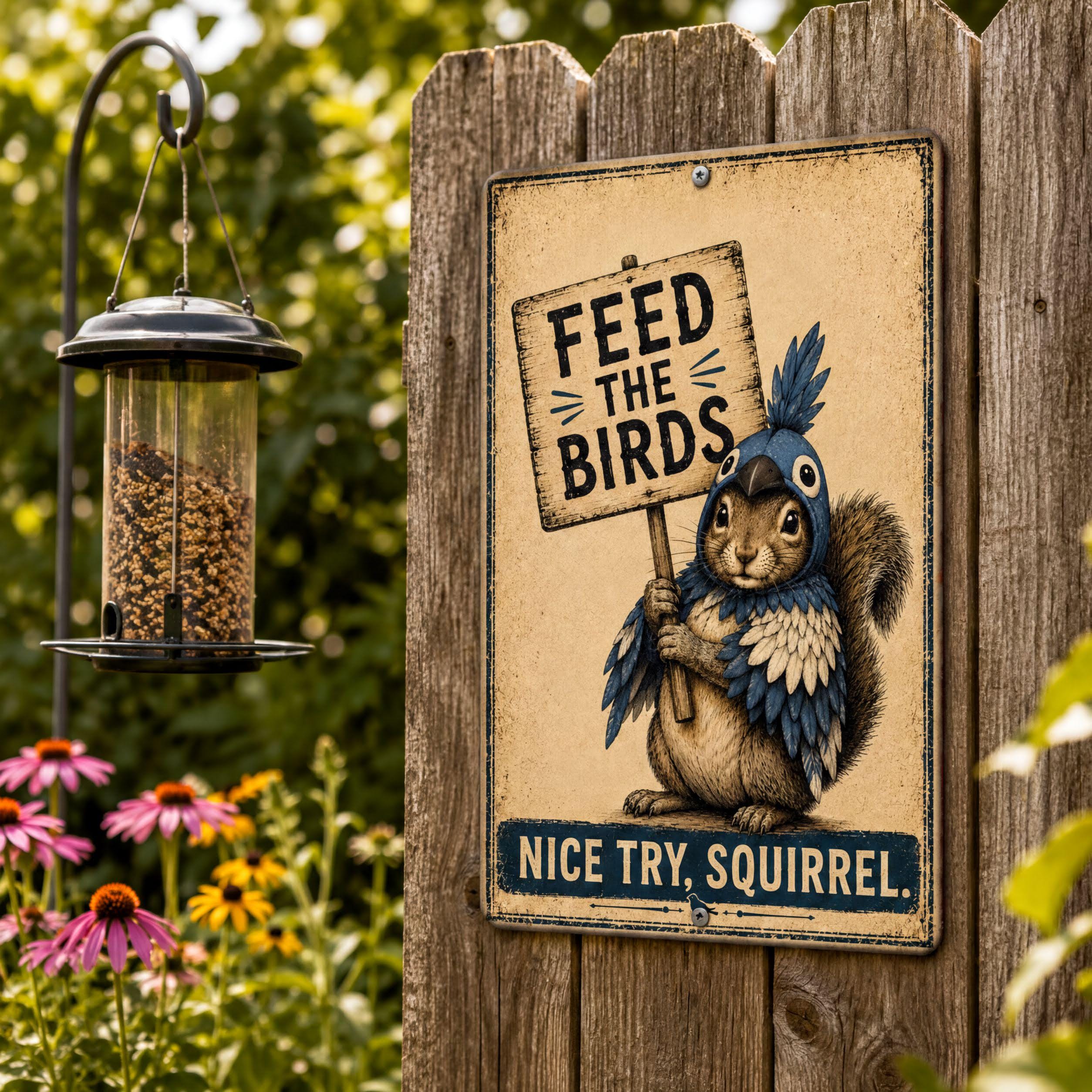 a sign with a squirrel holding a sign that says "Feed the birds" and a bird wearing a hat, with the text "NICE TRY. SQUIRREL." The sign is mounted on a wooden fence, and there is a bird feeder hanging nearby.
