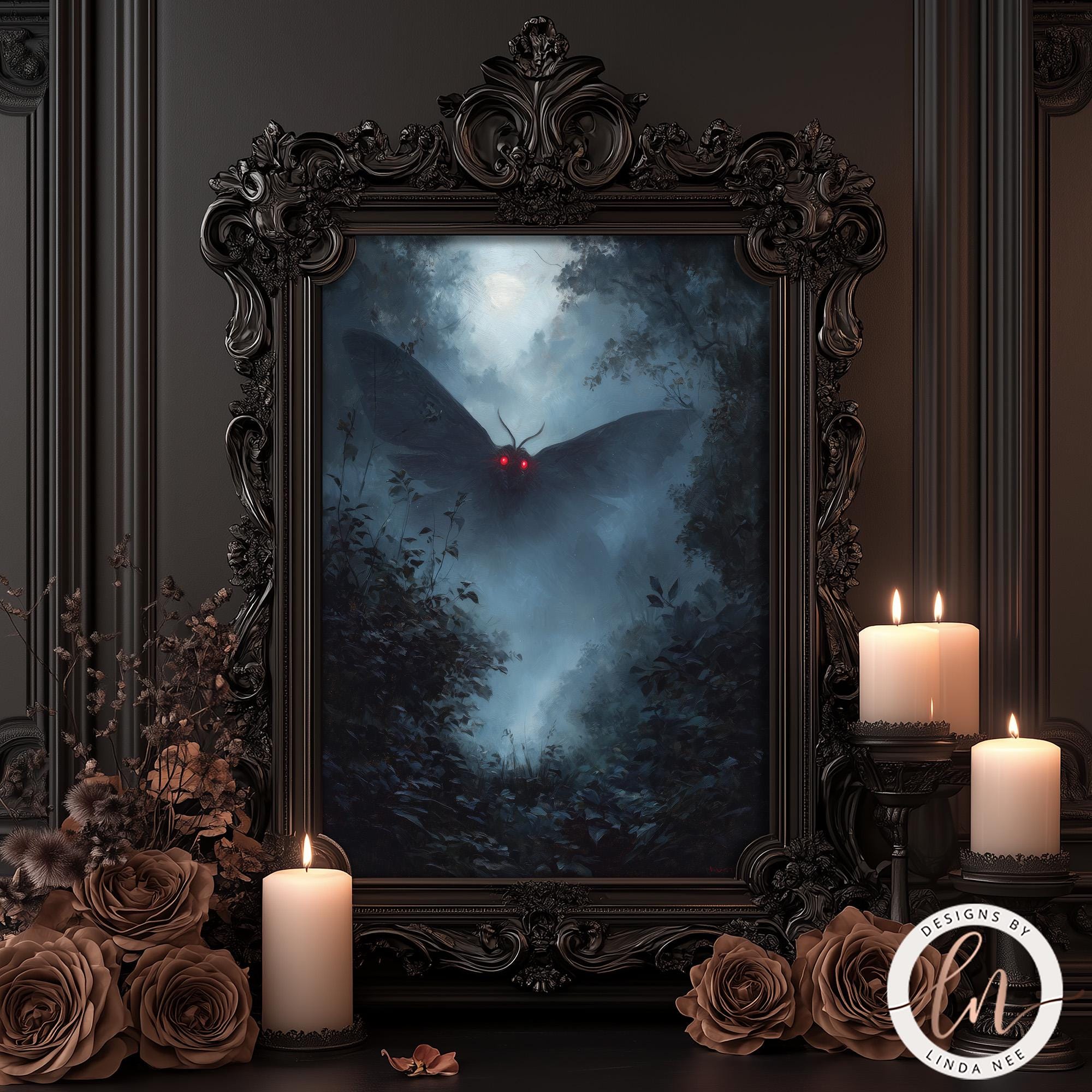 a dark, moody scene with a large, ornate frame containing a painting of a moth with glowing red eyes. The frame is surrounded by candles and flowers, creating a mysterious and atmospheric ambiance.