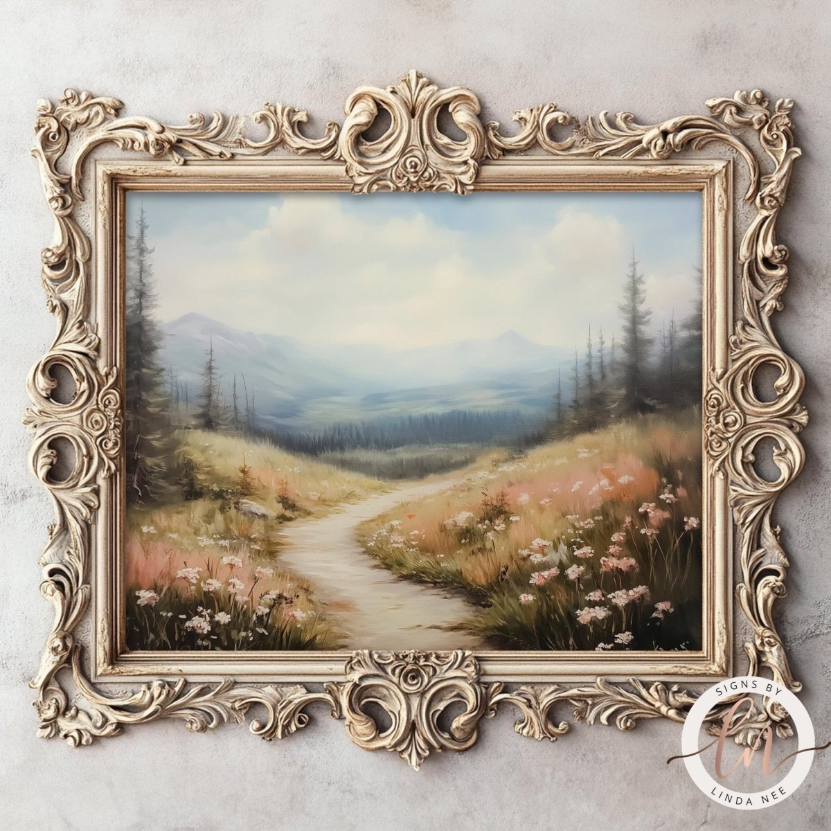 The image is a painting of a scenic landscape with a winding path leading through a field of flowers and surrounded by trees.