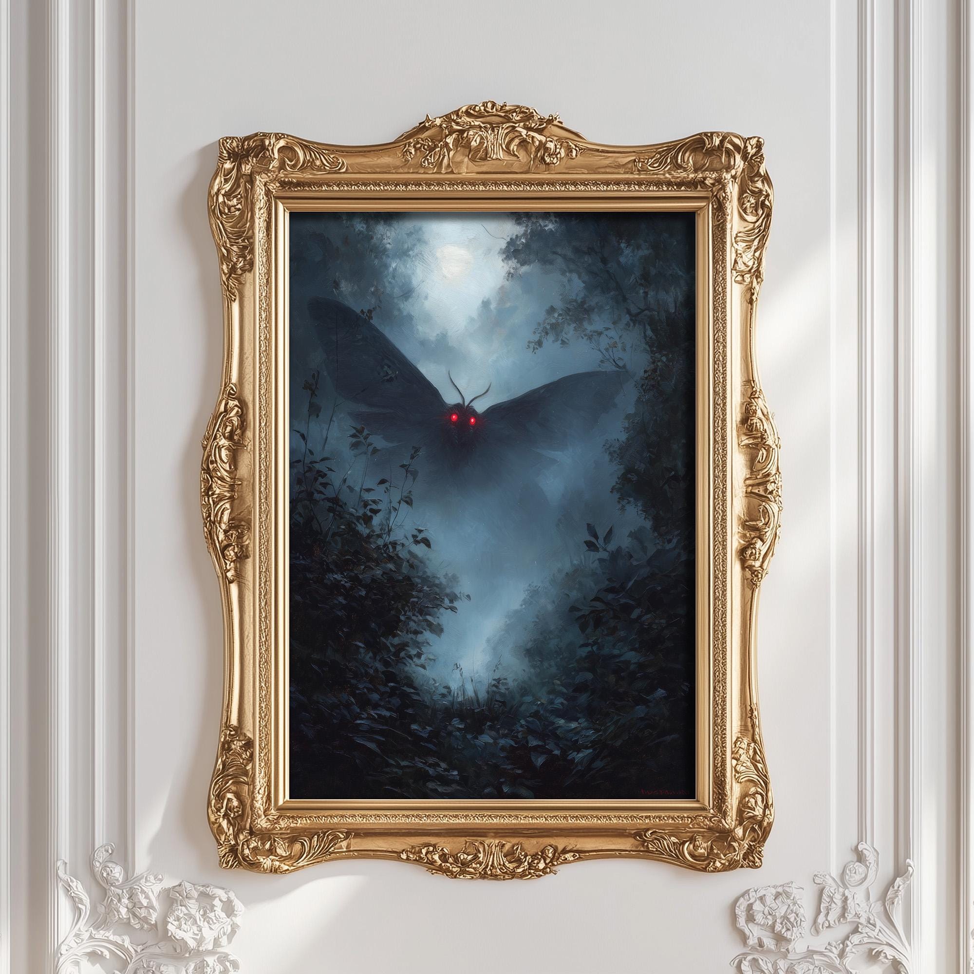 a large moth with glowing red eyes, flying through a misty, dark forest.