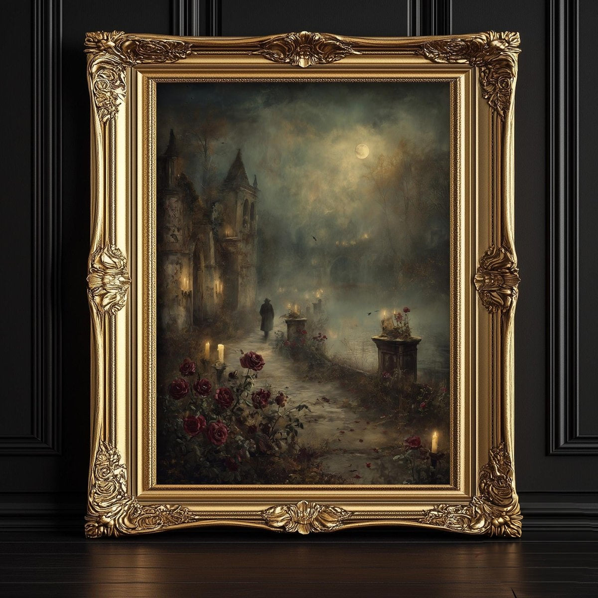 The image is a painting of a castle surrounded by fog and roses, with a person walking through the mist.
