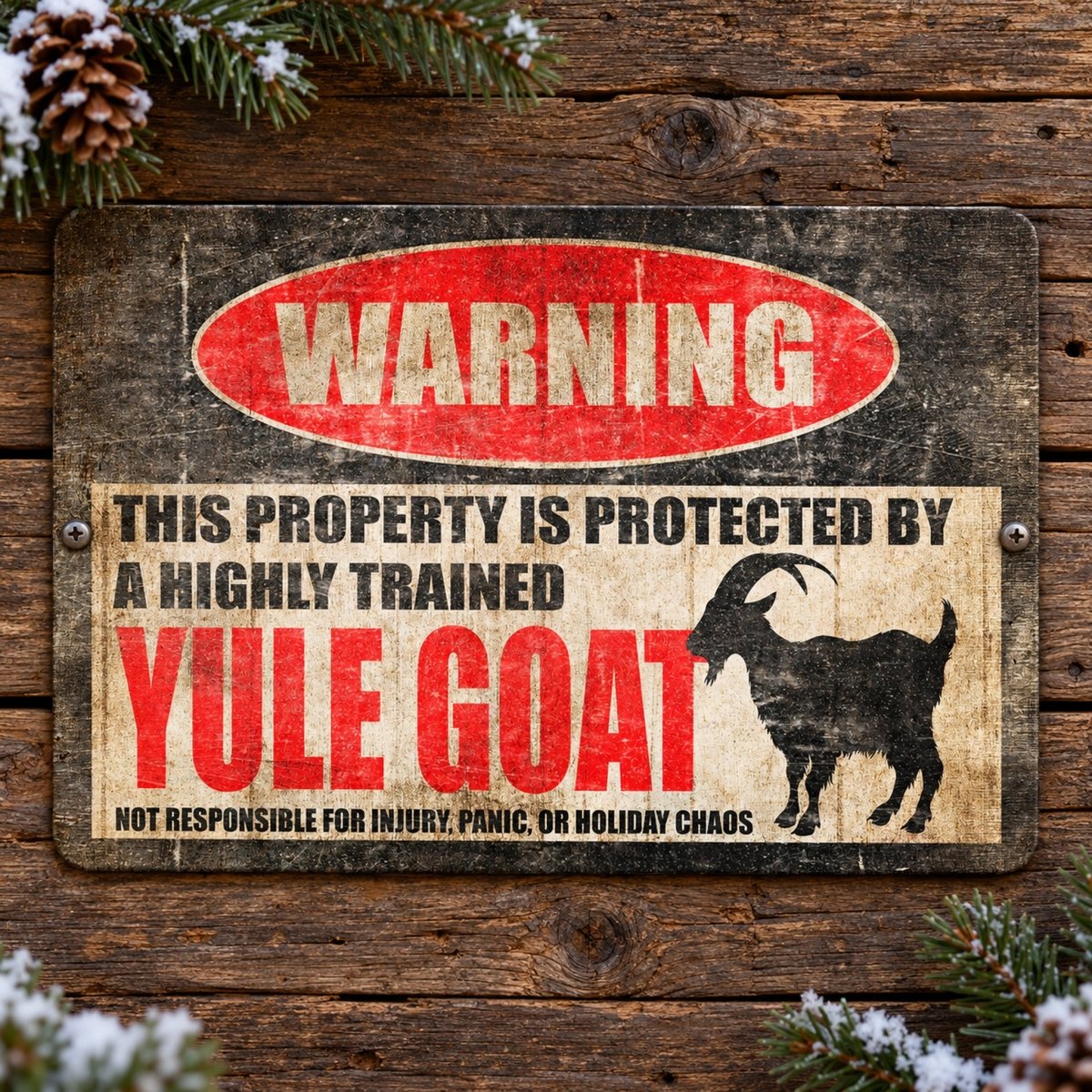 Yule Goat metal warning sign stating it is not responsible for injury, panic or holiday chaos, front view
