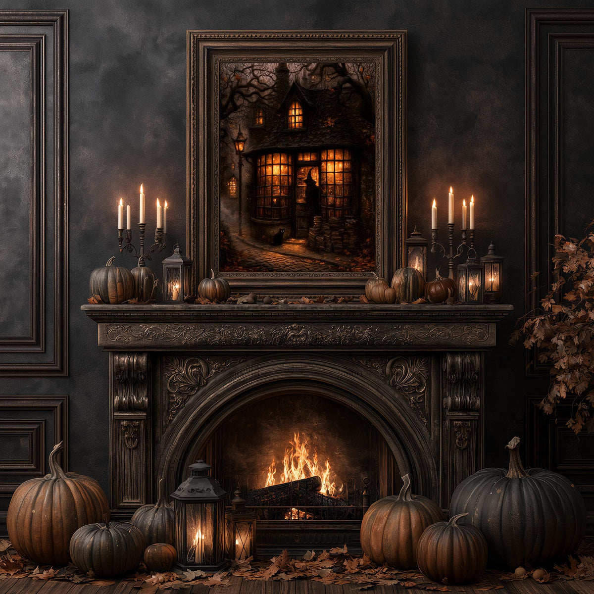 Lit hearth surrounded by pumpkins and lanterns under the bookshop wall art