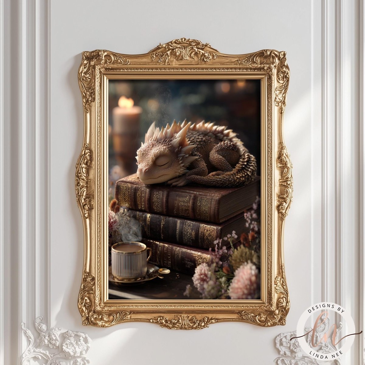 A framed image depicting a sleeping dragon resting on a stack of books, with a cup of tea nearby.