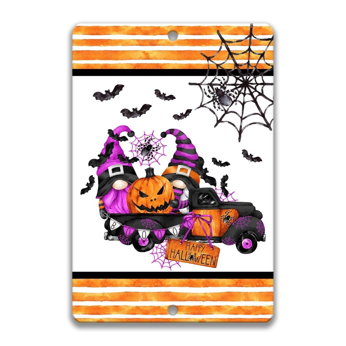 A Halloween-themed sign featuring a truck with two gnomes, a jack-o-lantern, and a spider web. The sign also includes the text "Happy Halloween".