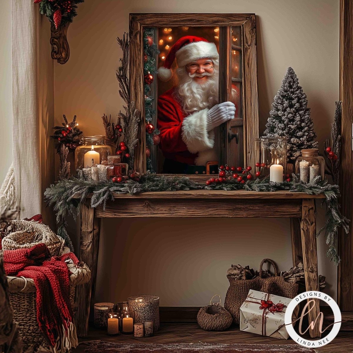 Santa Claus portrait displayed behind a mirror surrounded by holiday decor