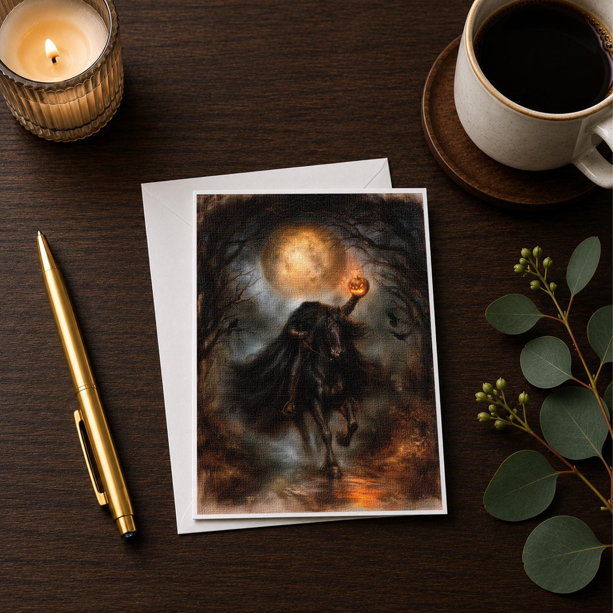 Sleepy Hollow horseman note card styled on a desk with a candle and coffee