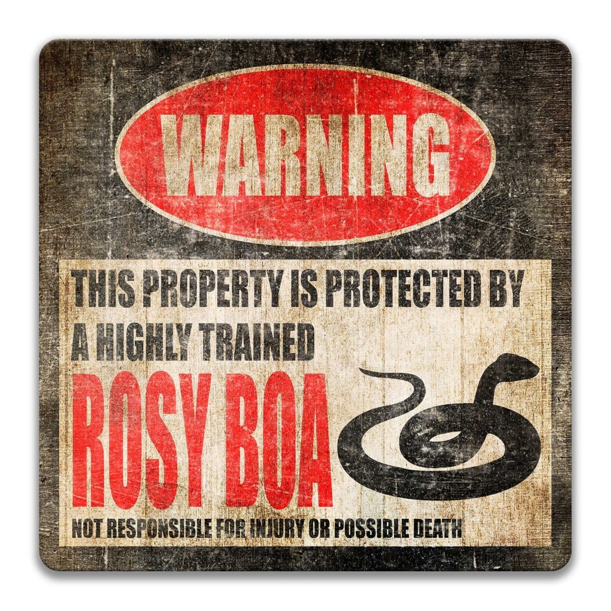 Rosy Boa warning sign, red WARNING banner and large rosy boa silhouette, funny Rosy Boa lover gift, aluminum with rounded corners