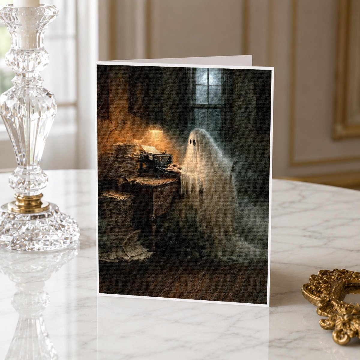 Ghost at a desk with a typewriter, papers, and a lamp, close view of the artwork