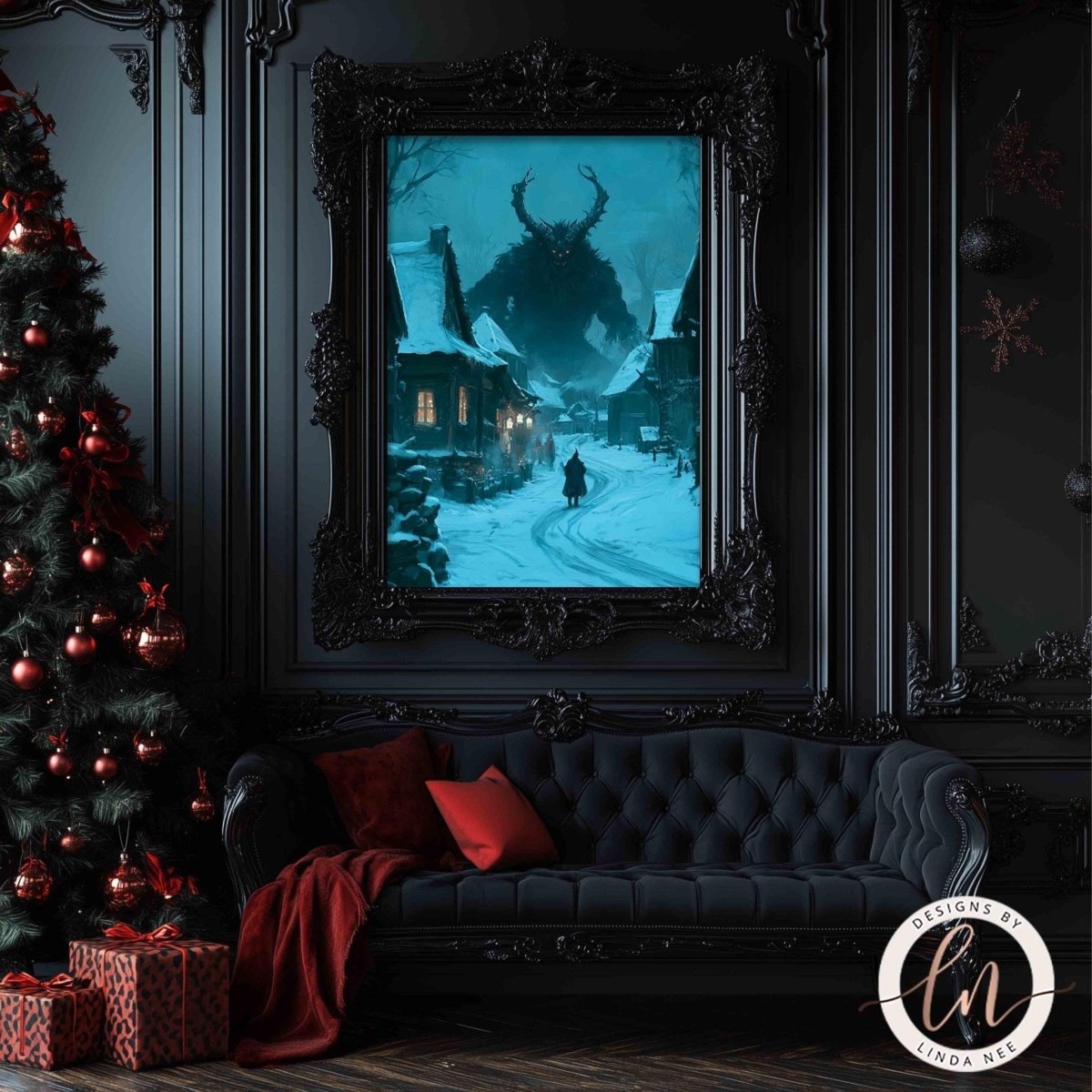 a dark, gothic-style room with a large, ornate painting of a snowy village scene hanging on the wall. The painting is framed in an elaborate black frame and is the focal point of the room. In the foreground, there is a black couch with red pillows, and a Christmas tree decorated with red and gold ornaments is visible to the left of the couch.