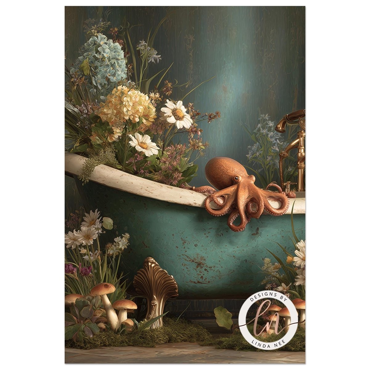 A whimsical scene featuring an orange octopus resting on a green bathtub, surrounded by an array of colorful flowers and mushrooms.
