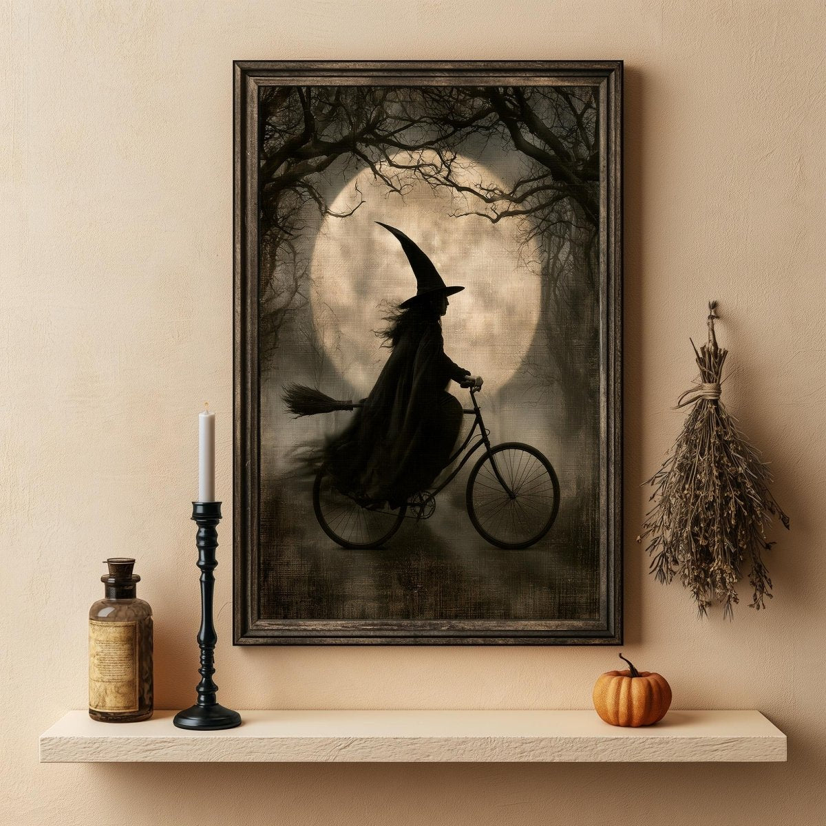 Sepia witch on a bicycle art print with a giant full moon