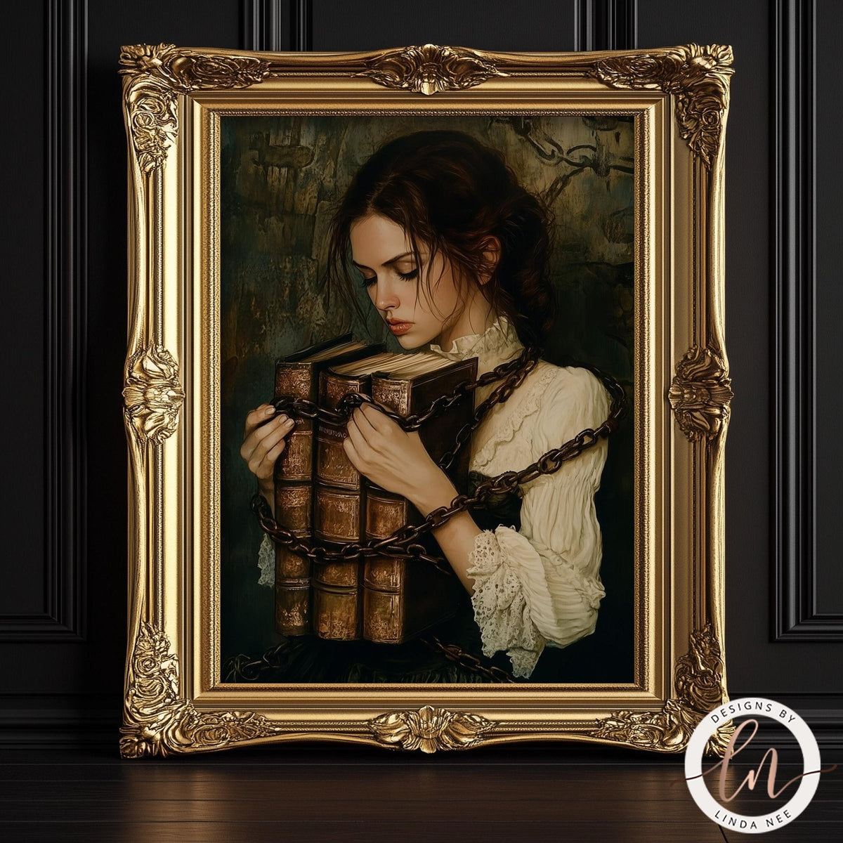 A woman in a white lace dress is holding a stack of books, chained to a chain, in an ornate gold frame.