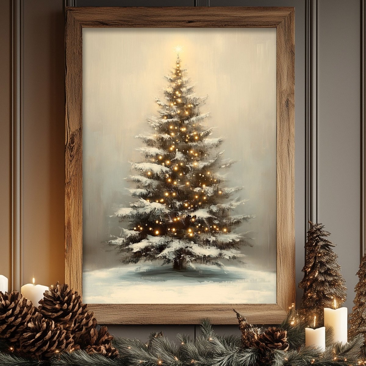Lit Christmas tree in snow, art print styled with pine cones and candles
