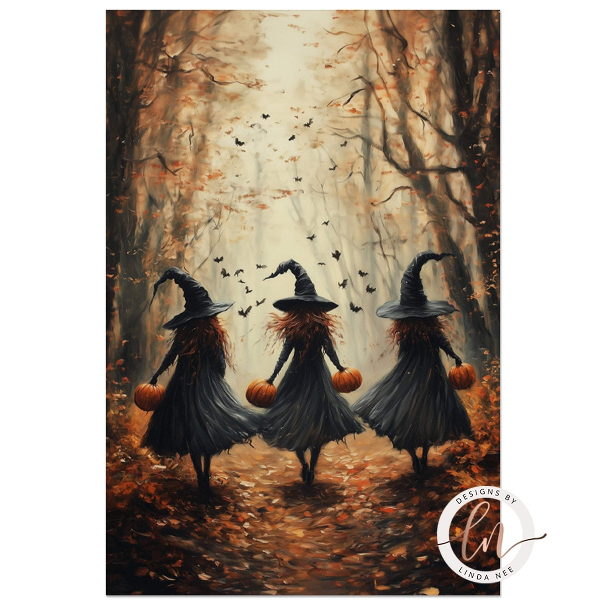 a Halloween-themed scene with three girls dressed as witches walking through a forest, surrounded by autumn leaves and a lantern.