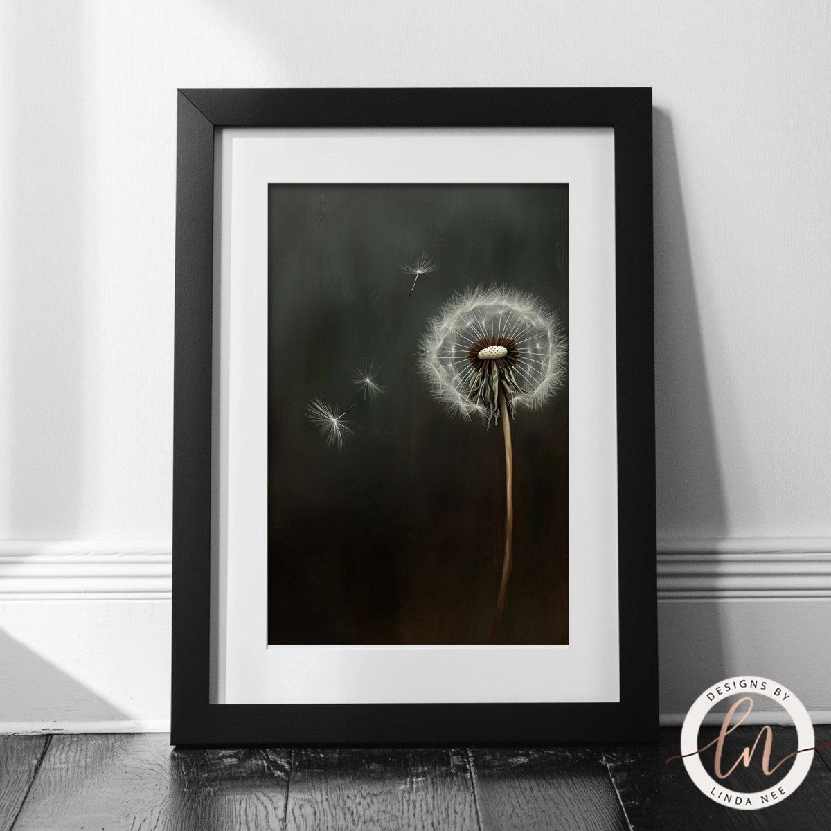 Floating dandelion seed head captured in fine detail