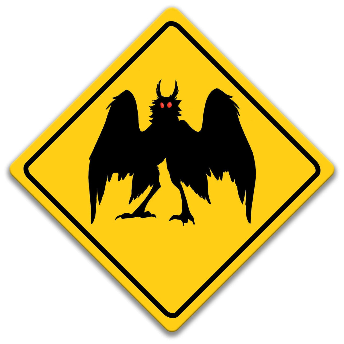 A yellow diamond-shaped road sign with a black silhouette of a winged creature with glowing red eyes.