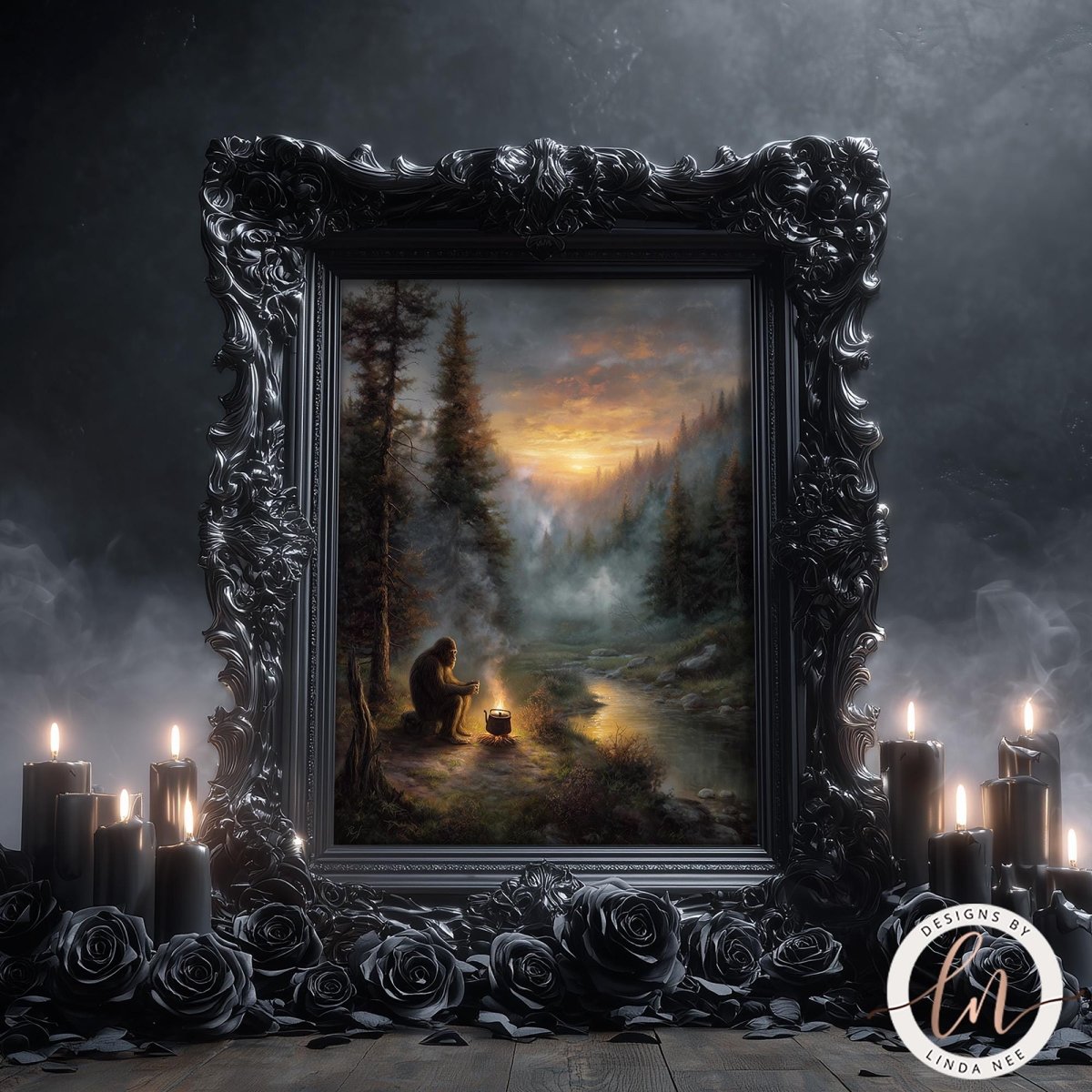 Fine art by Linda Nee featuring Bigfoot seated beside a glowing campfire in a misty evergreen forest at sunset, drinking coffee near a quiet river with moody woodland atmosphere.