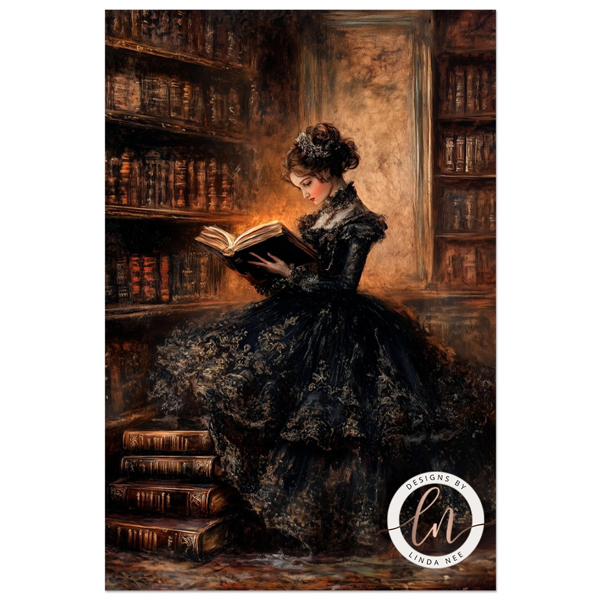 A woman in an elaborate black dress is engrossed in reading a book in a dimly lit room filled with bookshelves.