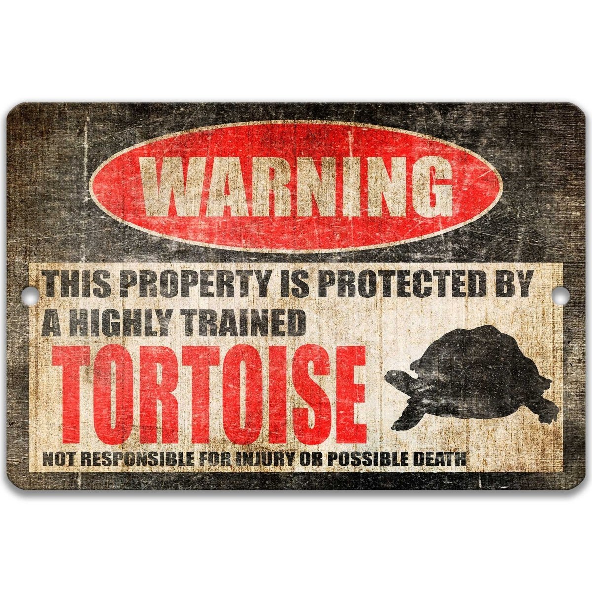 Tortoise warning metal sign, tortoise silhouette beside bold red WARNING lettering, 'not responsible for injury or possible death'