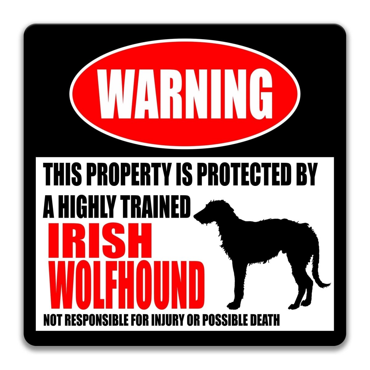 Irish Wolfhound warning sign, red WARNING banner and large Irish Wolfhound dog silhouette, funny Irish Wolfhound lover gift, aluminum with rounded corners