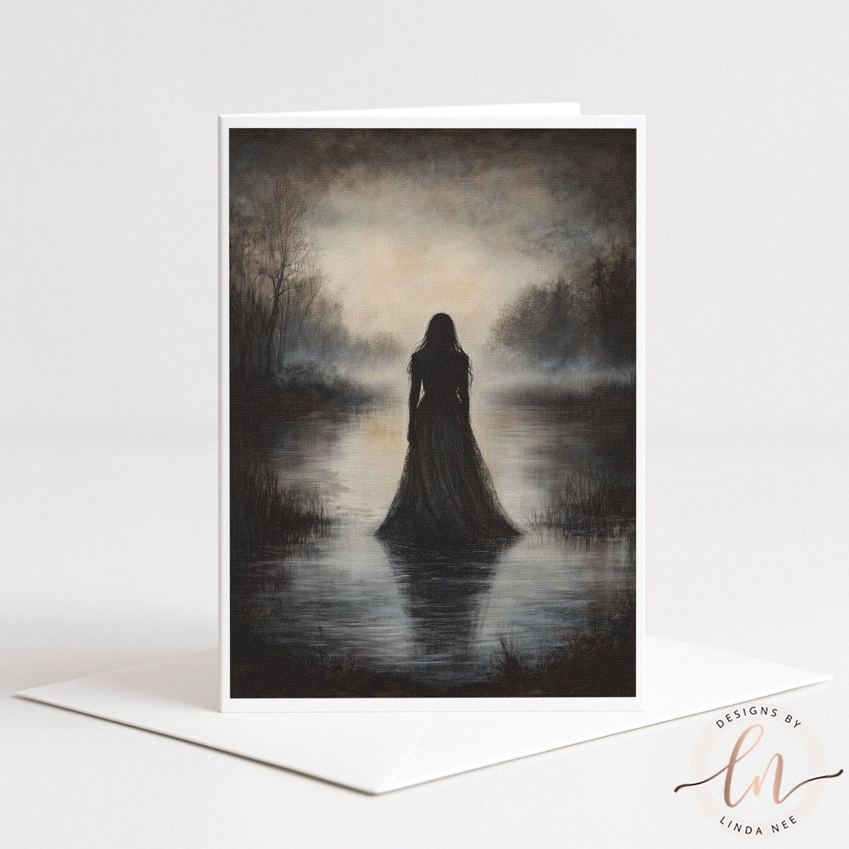 a woman standing in a misty, forested landscape, with a lake in the background.