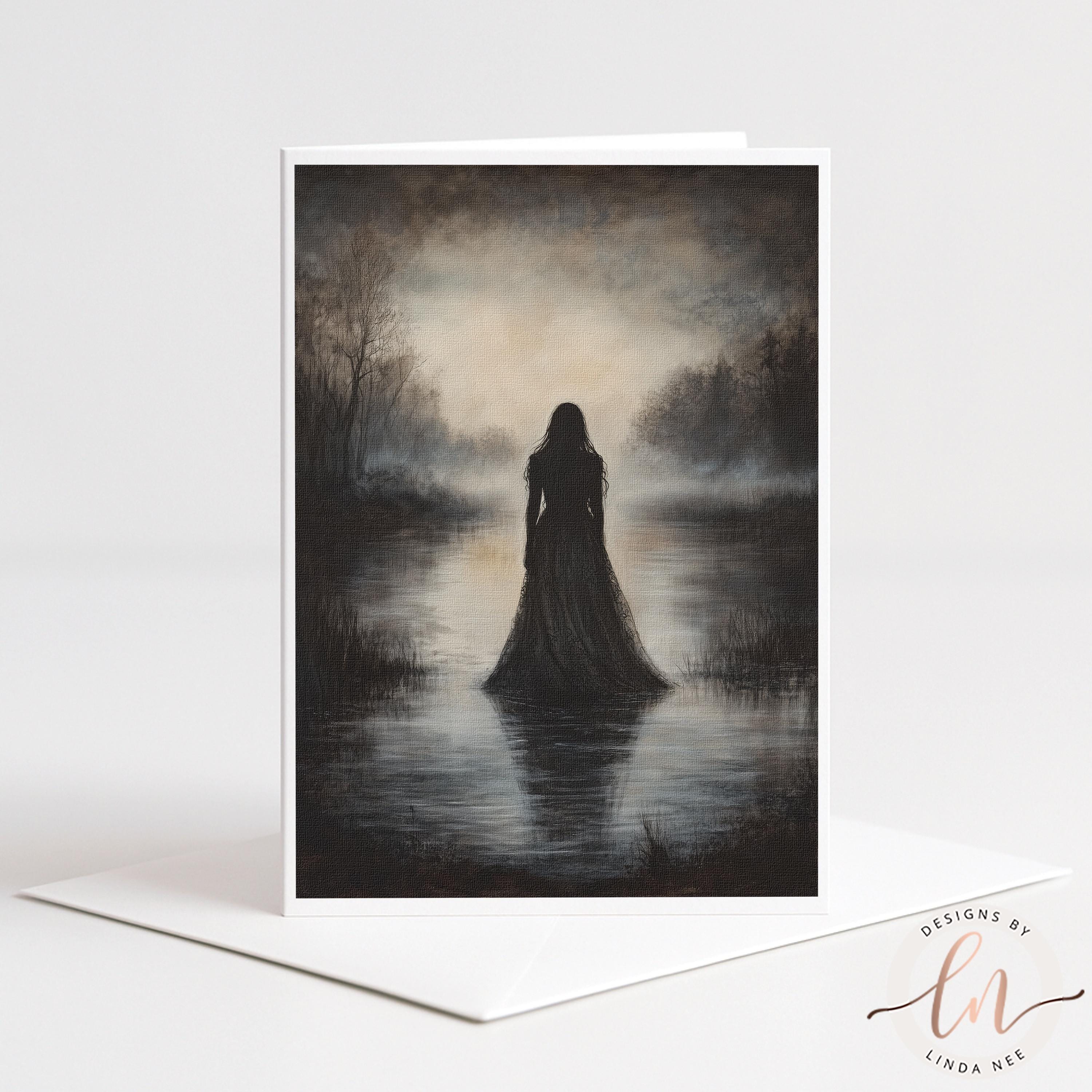 a woman standing in a misty, forested landscape, with a lake in the background.
