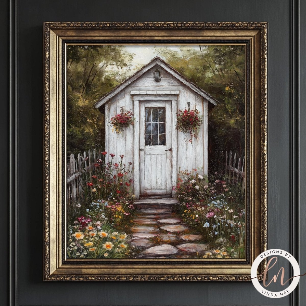 White shed with a flower adorned door and stone path