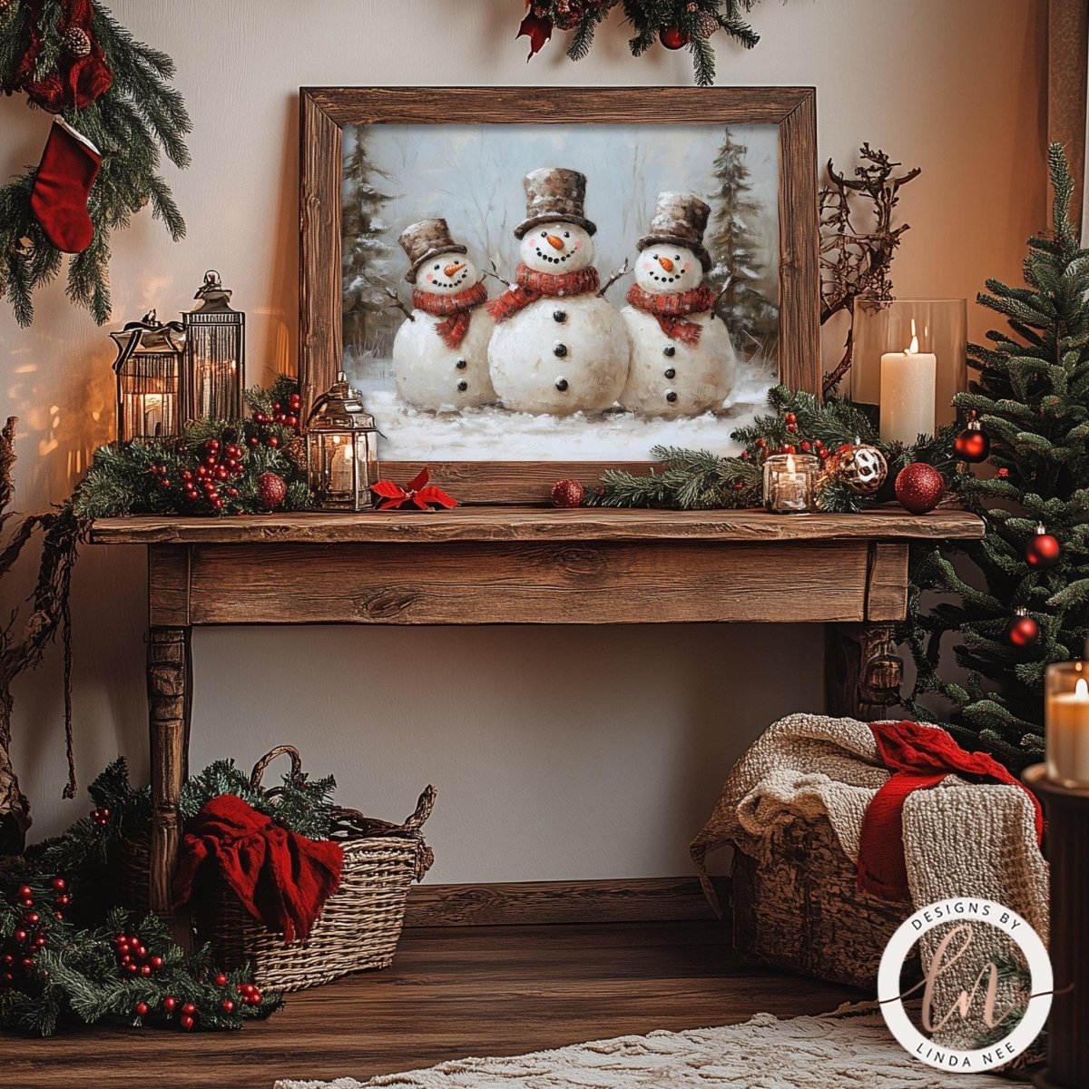 Snowman wall art displayed on a table with red berries and holiday decorations