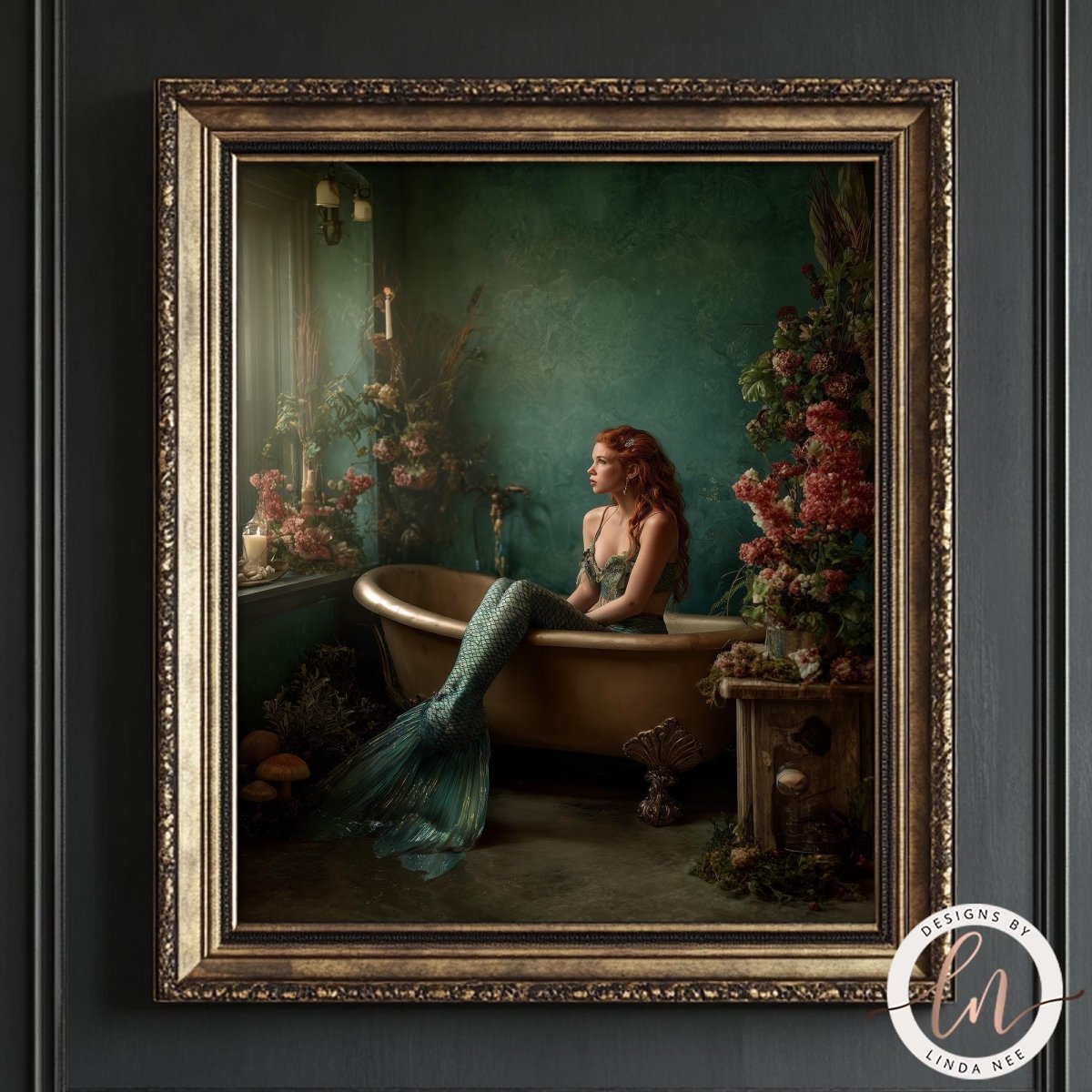 A mermaid with a long, flowing tail sits in a bathtub, surrounded by flowers and plants, in a painting framed in an ornate gold frame.