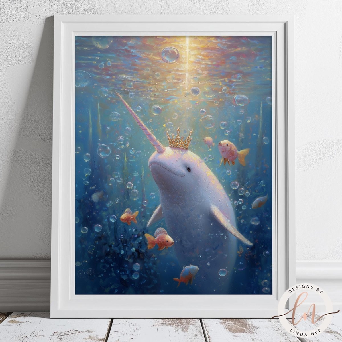 A framed painting depicting a white narwhal with a golden crown, surrounded by colorful fish in a vibrant underwater scene.