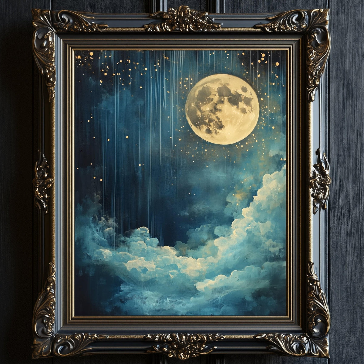 The image is a painting of a night sky with a large, full moon and a starry sky. The painting is framed in an ornate, gilded frame and is displayed on a dark wall.