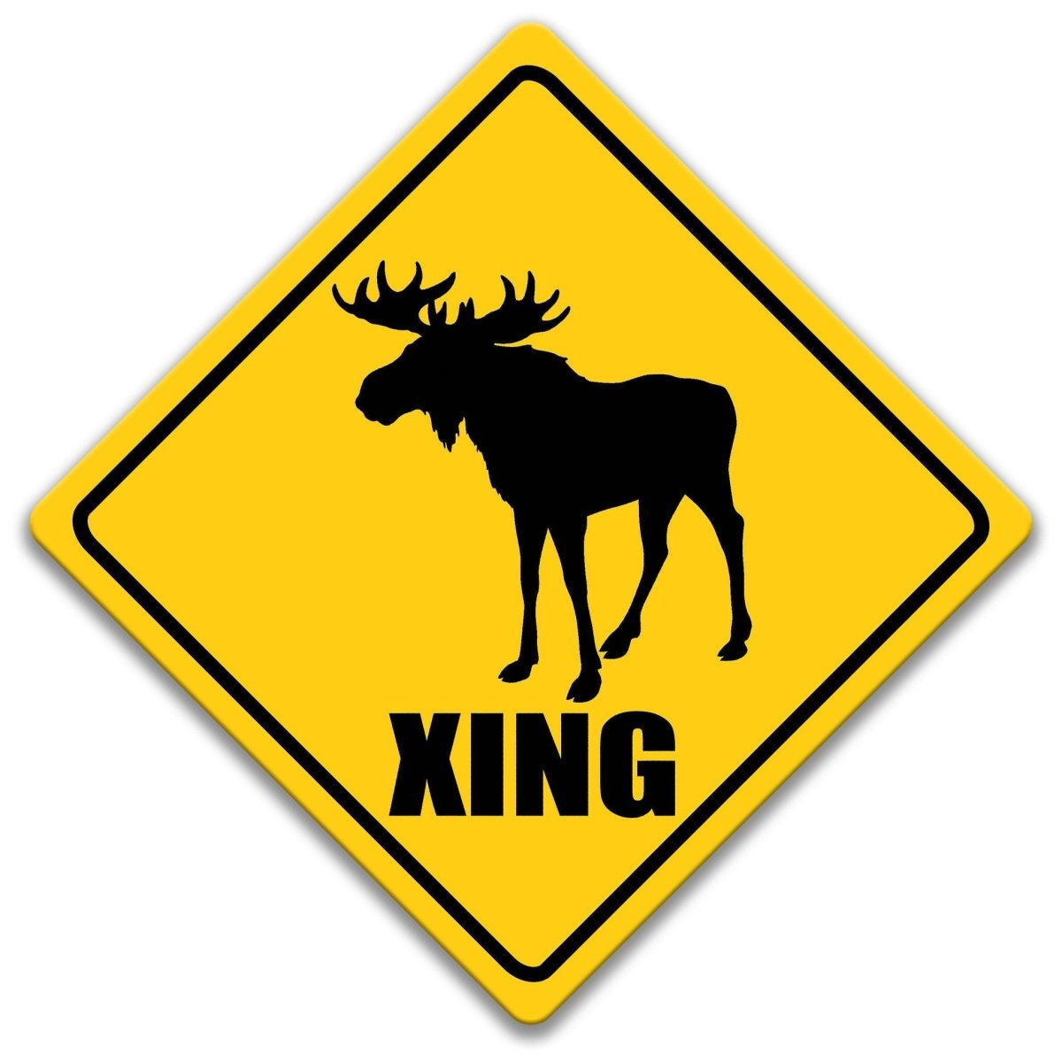 A yellow diamond-shaped road sign with a silhouette of a moose and the word "XING" below it.