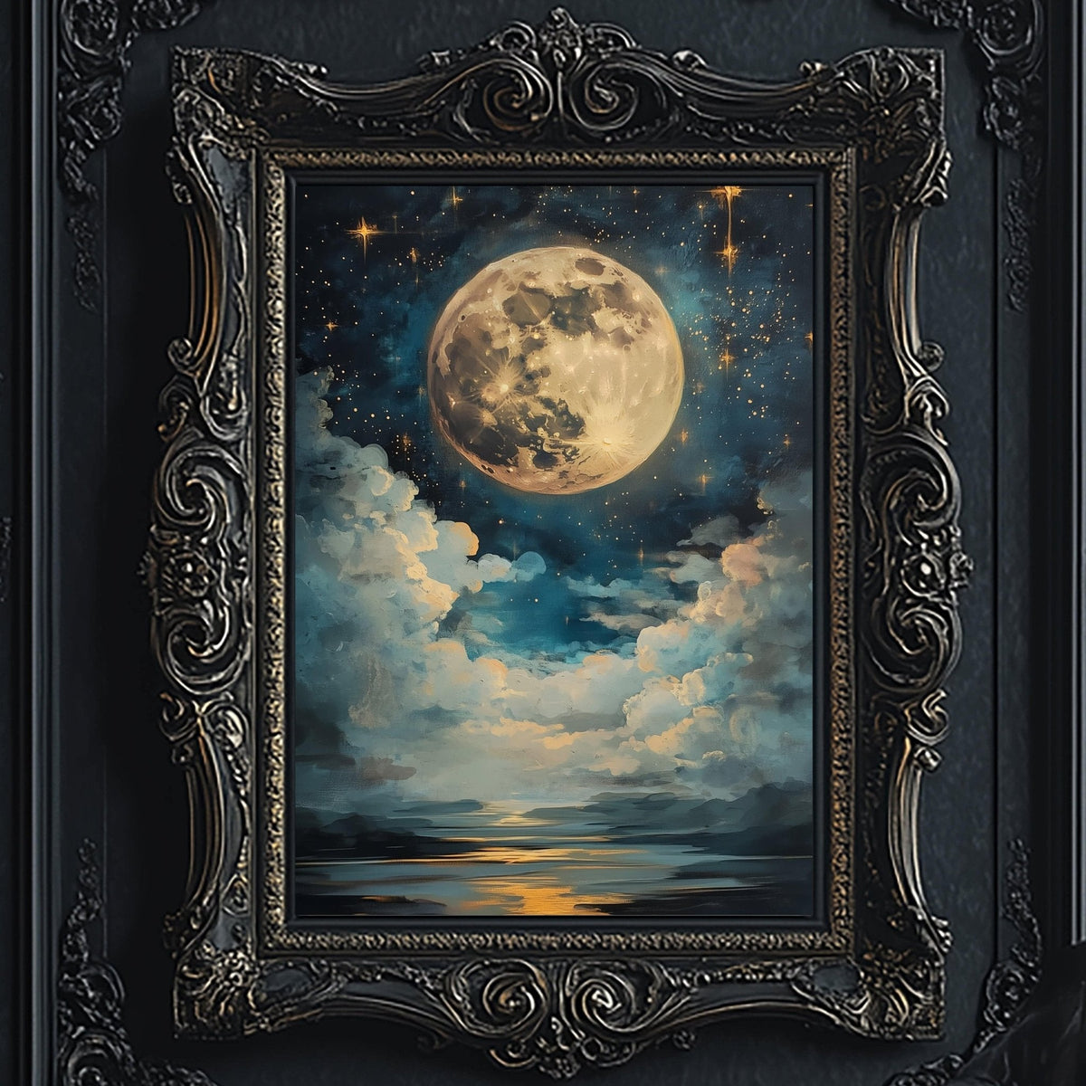 The image is a painting of a large, full moon in the night sky, surrounded by clouds and stars. The moon appears to be in a full phase, with a bright and radiant appearance. The painting is framed in an ornate, decorative frame, adding an artistic touch to the overall composition.