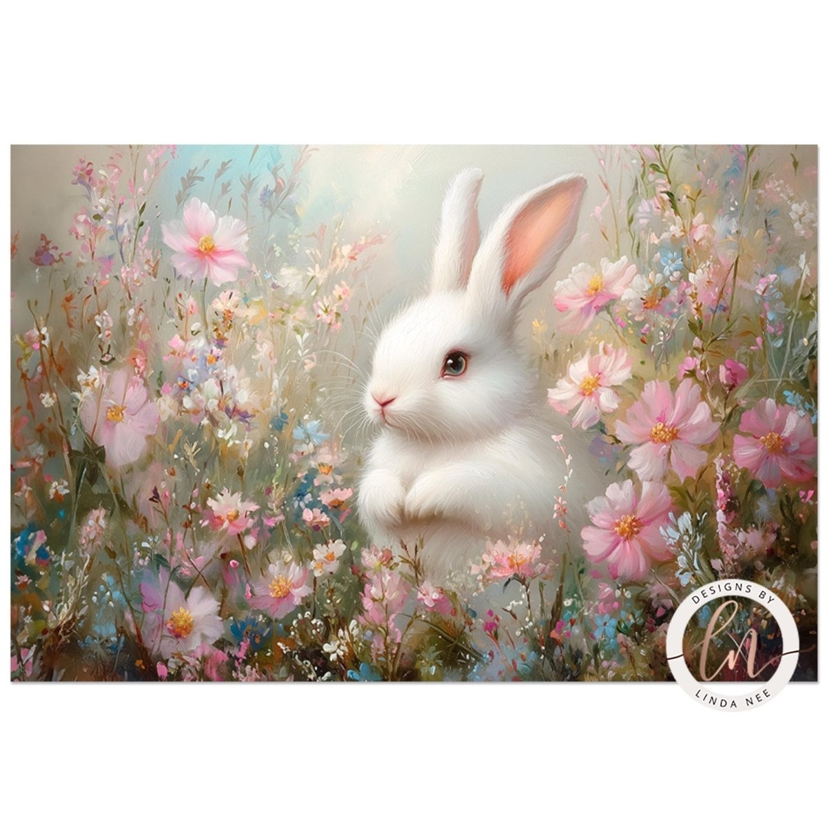 A white rabbit sits amidst a field of pink and white flowers, surrounded by a lush, colorful landscape.