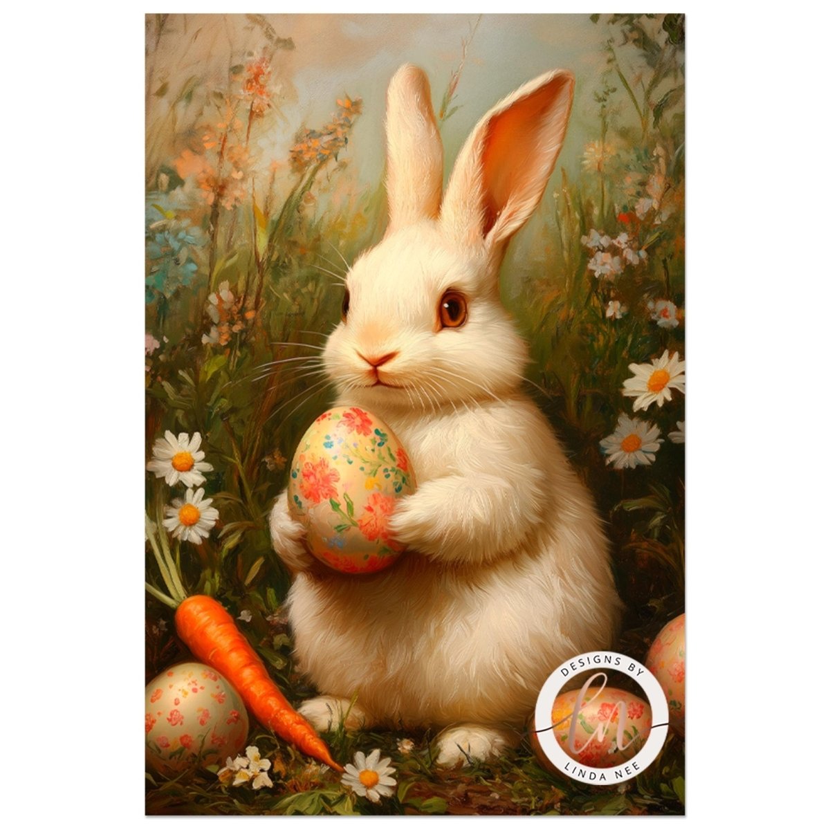 Fluffy rabbit with a decorated Easter egg in a lush meadow