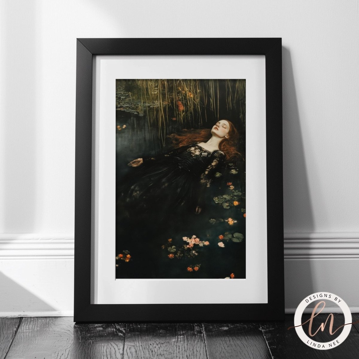 Woman lying in a pond surrounded by flowers and plants
