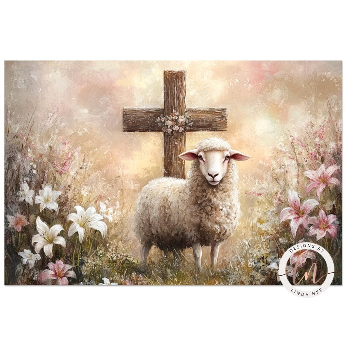 Lamb and cross artwork framed by white and pink lilies