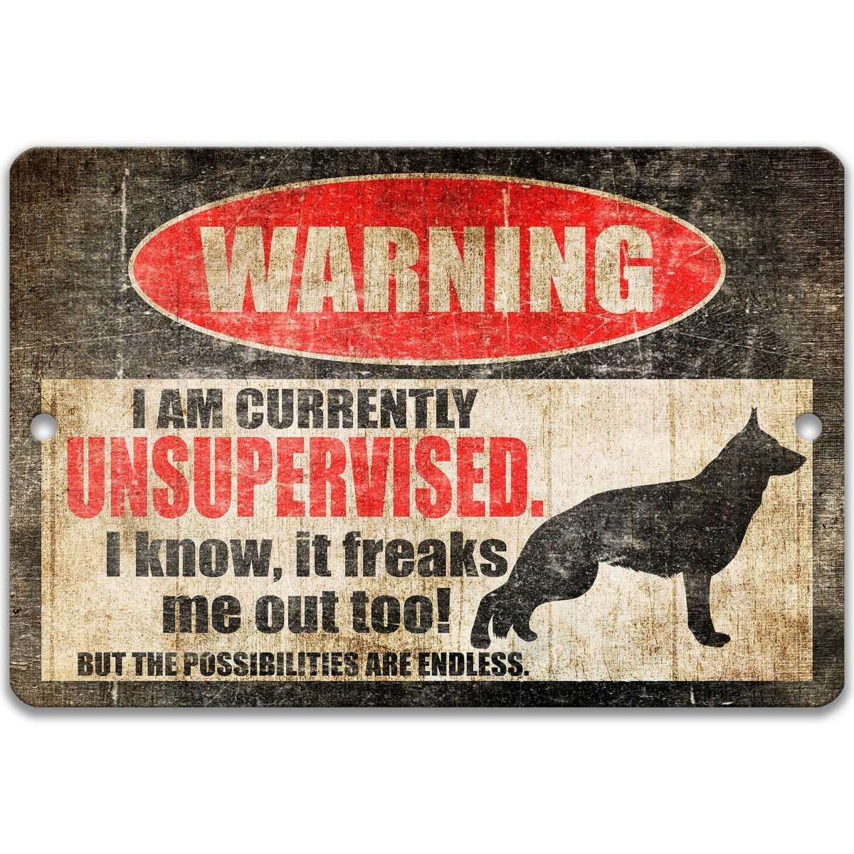 German Shepherd warning sign, red WARNING oval, this property is protected by a highly trained German Shepherd, with German Shepherd dog silhouette
