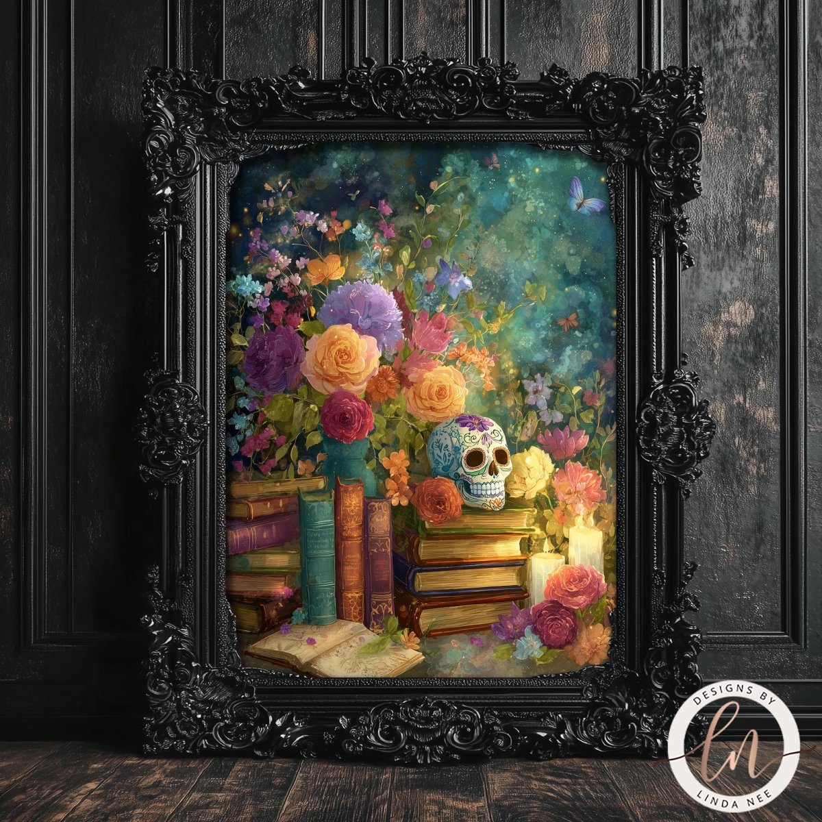 The image is a framed painting depicting a skull surrounded by a vibrant array of flowers, books, and candles, set against a dark, ornate background.